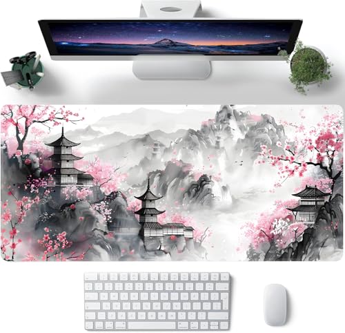 Japanese Cherry Blossom Large Mouse Pad,Gaming Keyboard Desk Pad,Extended Mouse Mat Non-Slip Rubber Base with Stitched Edges for Office Game Home XXL 35.4"x15.7" - color: Cherry Blossom, size: 35.4L x 15.7W inches