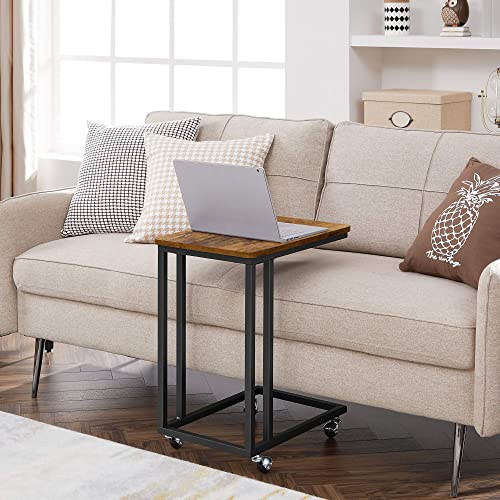 VASAGLE End Table, C Shaped TV Tray with Metal Frame Rolling Casters, Industrial Side Table for Living Room Bedroom, 19.7 x 13.8 x 23.6 Inches, Rustic Brown and Black - color: Rustic Brown + Black, size: 19.7"W x 21.7"H, style: With Wheels