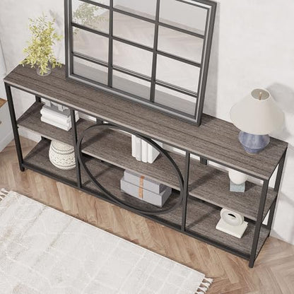 Tribesigns 70.9 inch Sofa Console Table, Extra Long Narrow Entryway Tables with 3 Tier Wood Storage Shelves Metal Frame for Foyer Hallway Living Room Behind Couch, Black Rustic Gray - color: Black Grey