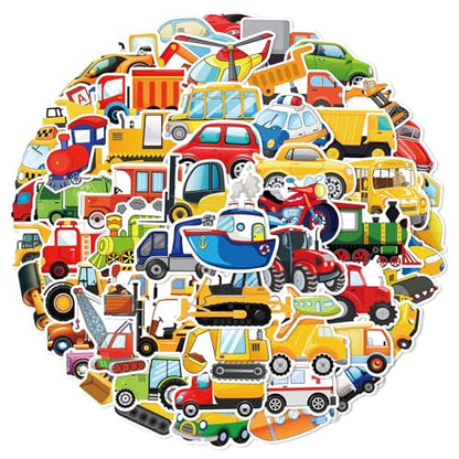 50 PCS Cartoon Vehicle Stickers for Scrapbooking, Construction Truck Decals for Journaling Planner, Waterproof Vinyl Transport Stickers for Water Bottle Laptop Phone DIY Crafts - style: A7