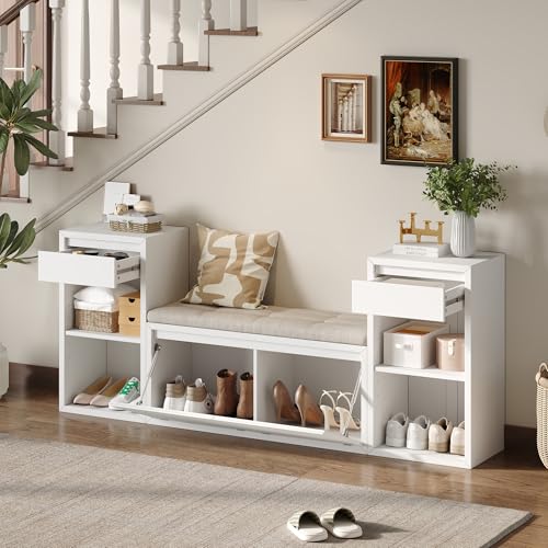 JIJIWANG 77.48" W Entryway Storage Bench with Cushion, 4-in-1 Hallway Bench with Drawers, Compartments and Open Shelves, Mudroom Bench for Shoes and Storage, White - color: White