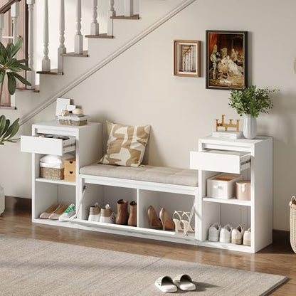 JIJIWANG 77.48" W Entryway Storage Bench with Cushion, 4-in-1 Hallway Bench with Drawers, Compartments and Open Shelves, Mudroom Bench for Shoes and Storage, White - color: White