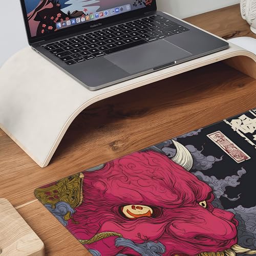 Gaming Mouse Pad, XXL Non-Slip Rubber Base, Waterproof with Stitched Edges, Japanese Demon Mask Design, 35.4 x 15.7 inches