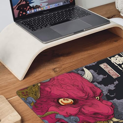 Gaming Mouse Pad, XXL Non-Slip Rubber Base, Waterproof with Stitched Edges, Japanese Demon Mask Design, 35.4 x 15.7 inches