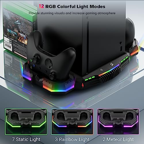 Cooling Fan with Charging Station for Xbox Series X Console and Controller - Vertical 15 RGB Modes Cooler Stand System, Low-Noise, Effectively Reduce Console Temperature and Quickly Charge Controller