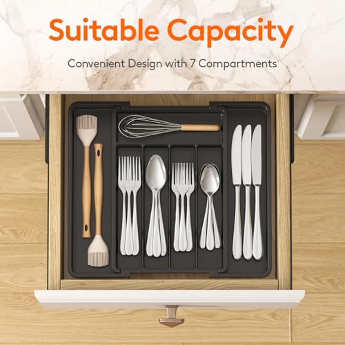 Lifewit Expandable Silverware Organizer, Plastic Utensil Tray for Kitchen Drawer, BPA Free Flatware Cutlery Holder, Space-Saving Storage for Spoons Forks Knives, 8-13.8 x 11.2 x 1.4 inch, Black - color: Black, size: Medium (8-13.8''W x 11.2''D)