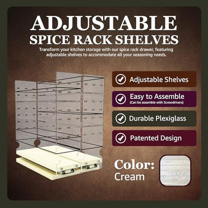Vertical Spice Adjustable Spice Rack Drawer - Pull Out Cabinet Organizer - Kitchen and Pantry Organizers and Storage - Spice Caddy - 2 Drawers, 3 Upper Tier (6.9" W x 11.25" H x 10.6" D, Cream) - color: 2-3.25" Drawers, Adjustable Shelves