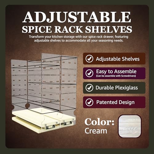 Vertical Spice Adjustable Spice Rack Drawer - Pull Out Cabinet Organizer - Kitchen and Pantry Organizers and Storage - Spice Caddy - 2 Drawers, 3 Upper Tier (6.9" W x 11.25" H x 10.6" D, Cream) - color: 2-3.25" Drawers, Adjustable Shelves
