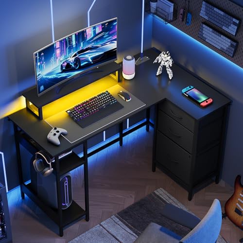 DEVAISE 48 Inch L Shaped Gaming Desk with Drawers and Storage, Corner Desk with LED Lights, Power Outlets, Computer Desk with Monitor Stand, Office Desk for Home, Black - color: Black, size: 48 Inch
