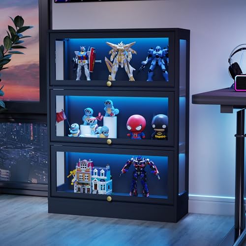Display Cabinet with Acrylic Glass Doors,3-Tiers Curio Cabinet with LED Lighting for Collectibles, Collectibles Toy Organizers Rack & Display Shelf Display Case Storage Cabinet, Black - color: Black, size: 31" W x 42" H