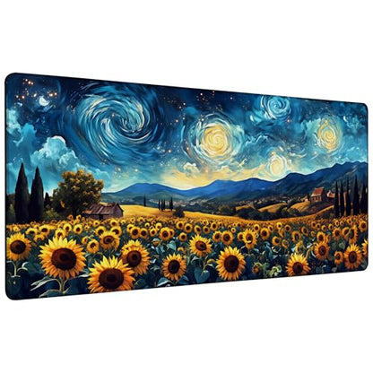 Sunflowers Under A Starry Night Sky Gaming Mouse Pad Large Desk Mat Extended Keyboard Anime Mousepad with Non-Slip Base and Stitched Edge for Desk Home Office Gaming,35.4 x 15.7 Inch - color: Sunflowers under A Starry Night Sky, size: 15.7*35.4inch