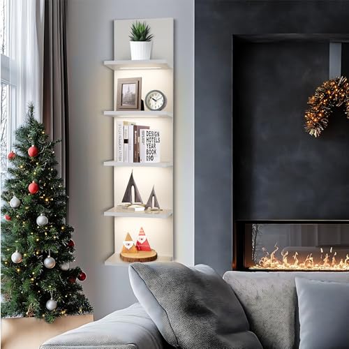 5 Tier Wall Shelf Unit, White Shelves,Lack Shelf, Wall Shelves for Bedroom，Office,Bathroom, Vanity Shelves with LED Light - color: White
