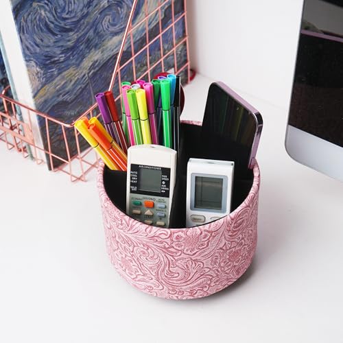 lizimandu Round Leather Art Supply Organizer,Remote Control Holder,360 Degree Spinning,Multi-Functional Pencil Holder,4 Compartments Desktop Stationary Organizer(1-Carved Pink) - color: 1-Carved Pink