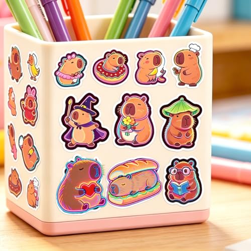 Neon Capybara Vinyl Stickers, 1 Set with 2 Identical Sheets of 60pcs (Total 120pcs), Waterproof Cute Animal Decals for Water Bottles Scrapbooks Laptops Skateboards (CK-042) - style: Neon