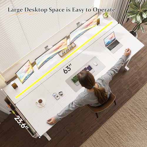 DurayLoly 63" Office Desk with LED Lights,Computer White Desk with Storage Bag&Headphone Hook,Spacious Under-Desktop for Study Writing Work Gaming Desk,Sturdy Metal Frame,Bedroom,Rustic Brown - color: White, size: 63 Inch