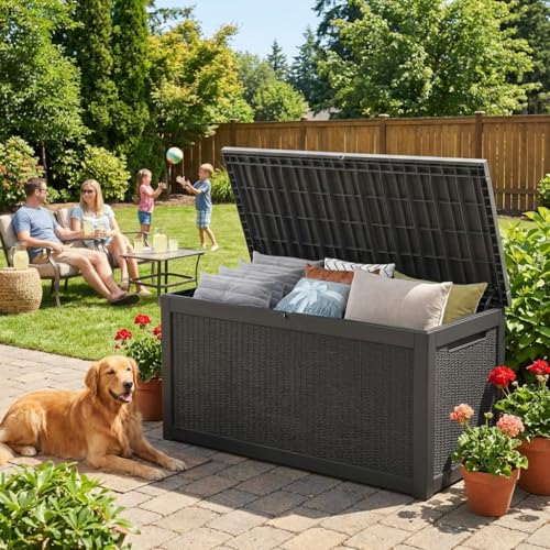 Outdoor Storage Box Waterproof, 320 Gallon Large Lockable Deck Box, Patio Storage Bin Bench for Pool Accessories Cushion Furniture, Garden Tools, UV-Resistant Outside Delivery Black