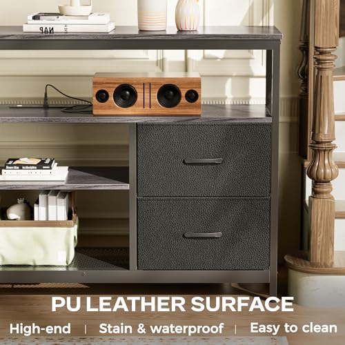Huuger TV Stand Dresser with Power Outlets and LED Lights, 4 Drawers Entertainment Center with Shelves, 54in Media Console for 55 60 Inch TV, Dresser with PU Finish, Grey and Black - color: Grey and Black, size: 54 Inches