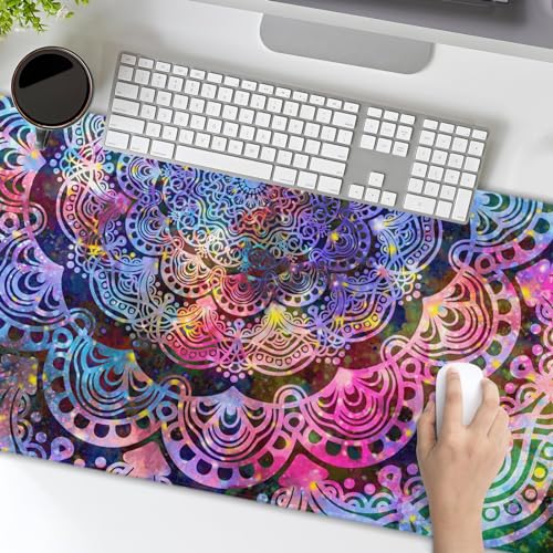Purple Mandala Gaming Mouse Pad XL Pink Blue Green Abstract Art Extended Big Large Desk Mat Non-Slip Rubber Base Stitched Edge Long Keyboard Mousepad for PC Computer Laptop,31.5×11.8 in - color: Purple Flower, size: X-Large