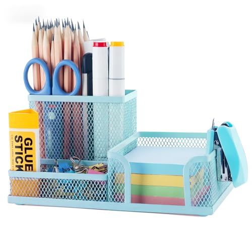 M&G Mesh Pen Holder Desk Organizers Pencil Holder for Desk Light Blue, 3 Compartments Metal Office Supply Organizer with Sticky Notes Holder for Home Office - color: Light Blue