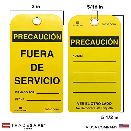 TRADESAFE Spanish Out of Service Tags, Fuera de Servicio - 30 Yellow Caution Sign with 30 Cable Ties, Durable 32 mil Vinyl, Caution Tags for Equipment Repair or Service, Accident Prevention - style: Spanish