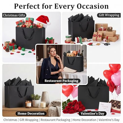 GEGIBOA Extra Large Black Gift Bags 15x6x12 with Handles 2 Pack Paper Gift Bags with Tissue Paper Reusable Large Gift Bags for Fathers Day Birthdays Weddings Christmas Graduation Business Gifts - size: Black-XL-2PCS with paper