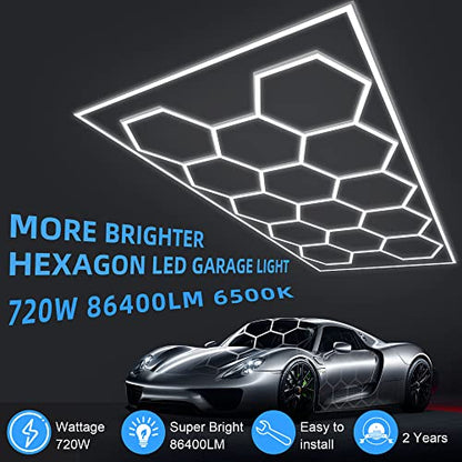 MODERN Hexagon Garage Light: Higher Brightness 720W 86400 Lumens Hexagon Led Garage Light with Rectangle Frame 6500K for Garage, Basement, Warehouse, Auto Beauty Shop, Car Detailing Shop etc. … - size: 14 HEX with Border