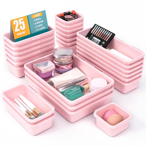 25 PCS Drawer Organizer Set, 4 Size Makeup Drawer Divider Organizer With Non-Slip Pads, Interlocking Plastic Storage Bins for Office,Jewelry Vanity,Gadgets, Bathroom,Kitchen, Pink - color: Pink, size: 25Pack