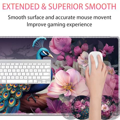 Large Gaming Mouse Pad + Mouse Wrist Rest Pad + Coaster Combination, 31.5 "x 11.8" Durable Non-Slip Extension Table Mat, Suitable for Office and Home, Peacock and Flowers - color: Peacock and Flowers