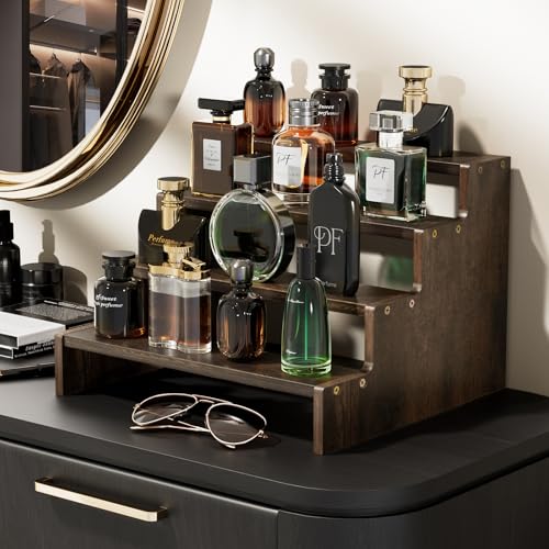 ProCase Wooden Cologne Organizer for Men, 4 Tier Perfume Organizer, Mens Cologne Stand Holder Storage, Display Riser Shelf Rack for Fragrances Candles Cosmetics Cupcake Figure Spice -Brown - color: Brown, size: 4-Tier (9.45" Height)