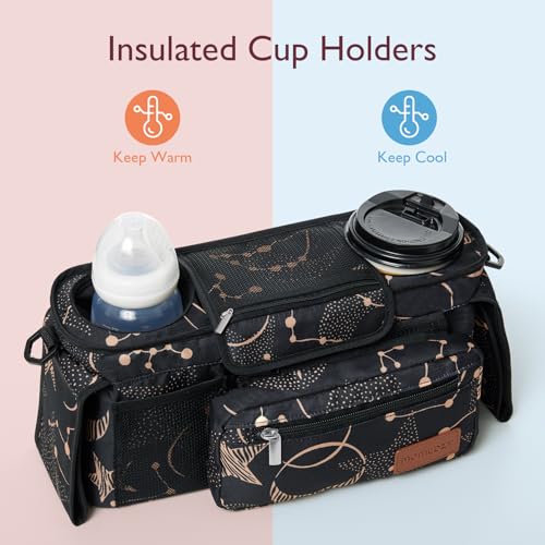 Momcozy Universal Baby Stroller Organizer, 2 Insulated Cup Holder, Detachable Zippered Pocket, Adjustable Shoulder Strap, Large capacity for baby essentials, Compact Design Fits Any Strollers - color: Starry