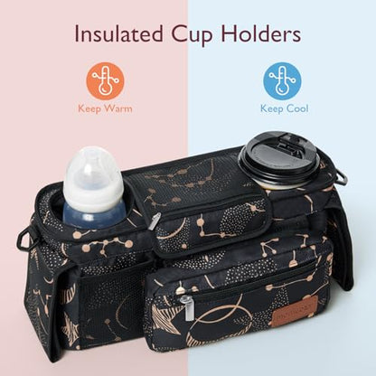 Momcozy Universal Baby Stroller Organizer, 2 Insulated Cup Holder, Detachable Zippered Pocket, Adjustable Shoulder Strap, Large capacity for baby essentials, Compact Design Fits Any Strollers - color: Starry