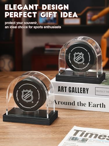 JupDec Hockey Puck and Collectibles Display Case, Premium Acrylic Clear Box Puck Holder with Mahogany Wood Base, Showcase for Autographed Souvenir Memorabilia, Collectible Figure Stand, Black - size: 1 Pack
