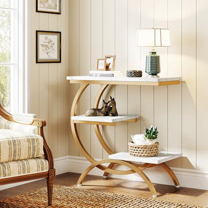 Tribesigns C-Shaped End Table, Industrial 3-Tier Small Side Table for Couch, Wood Bedside Table Snack Side Table with Storage Shelves for Living Room Small Space, White Gold - color: White Gold