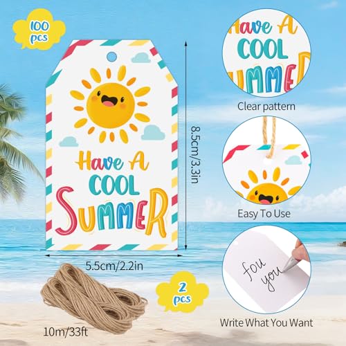 woric 100PCS Summer Gift Tags with String 3.3 x 2.2 Inch Have A Cool Summer Gifts Tags for Teacher Appreciation End of School Year and Summer Treat Bag Party Favor - color: Colorful Summer