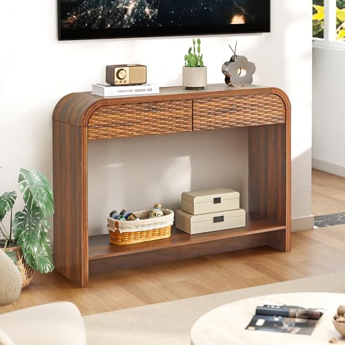 Curved Console Table Arch with Storage, Narrow Entryway Table with Drawers, 43.3'' Couch Table Behind Sofa Long and Skinny for Living Room TV, Hallway Entrance Foyer, Mid Century Farmhouse Rattan