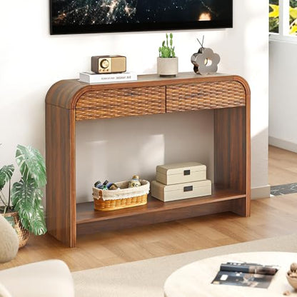 Curved Console Table Arch with Storage, Narrow Entryway Table with Drawers, 43.3'' Couch Table Behind Sofa Long and Skinny for Living Room TV, Hallway Entrance Foyer, Mid Century Farmhouse Rattan