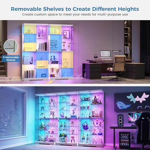 HNEBC Display Cabinet with Glass Doors - 10-Tiers 71” Curio Cabinet with RGB Lights, Frameless Tall Display Case for Collectibles/Figures, Locking Showcase Cabinet with Shelf for Living Room (White)