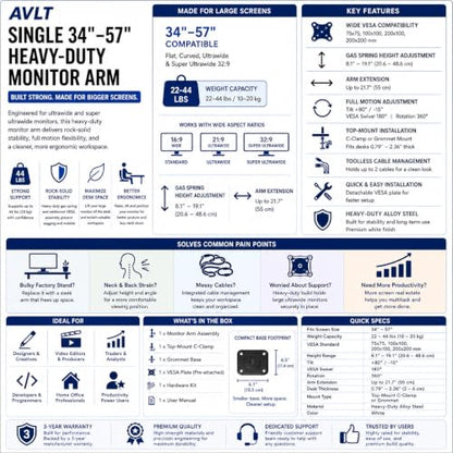 AVLT Single Monitor Arm Desk Mount for 34 to 57 in Screens – Black | – Fits One 44 lb Heavy Duty Monitor – Full Motion Height, Swivel, Tilt, Rotation – VESA 200x200, 200x100, 100x100, 75x75 - color: Black-34 to 57 Inch