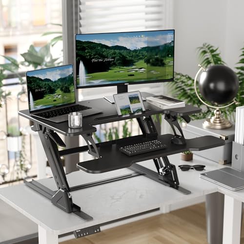 Claiks Standing Desk Converter 32 inch, Height Adjustable Sit Stand Up Desk Riser, Quick Sit to Stand Tabletop Dual Monitor Riser Workstation for Home Office with Keyboard Tray, Black - color: Black-1, size: 32 inch