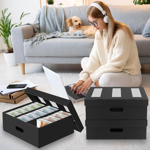 AOBOPLE CD Storage Boxes,5 Pack Stackable CD Organizer Box with Lid,3-Compartment CD Case Holder with Clear Window,Totol Holds 450 Jewel Cases,16.22 x 12.48 x 5.91 inches Cardboard Media Storage - style: 5 Pack 3 Compartment