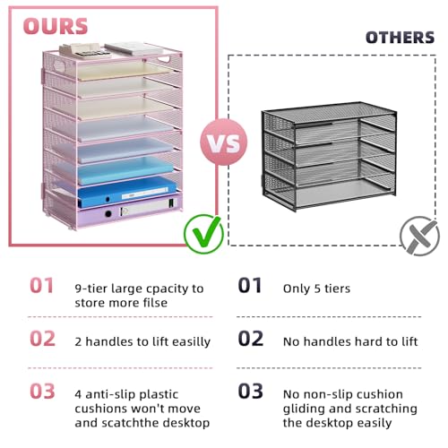 Marbrasse Paper Organizer Letter Tray, 9 Tier Mesh File Organizer with Handle, Paper Sorter Desk Organizer for Home Office Supplies - Pink - color: 9 Tier Pink