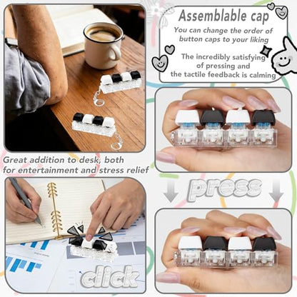 2 PCS 4-in-1 Keyboard Fidget Toy Keychain, Finger Clicky Button Toy Stress Relief Keychain with Swappable Keycaps, Mini Mechanical Key Fidget for Office Desk Focus Gifts (Black White) - color: Black White