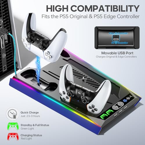 Rysker PS-5/Slim/Pro Cooling Station with 3-Level Cooling Fan, Fast Controller Charger for Disc & Digital, PS-5 Accessories Incl. 3 USB Ports, Screw and Headset (Royal Blue) - color: Royal Blue