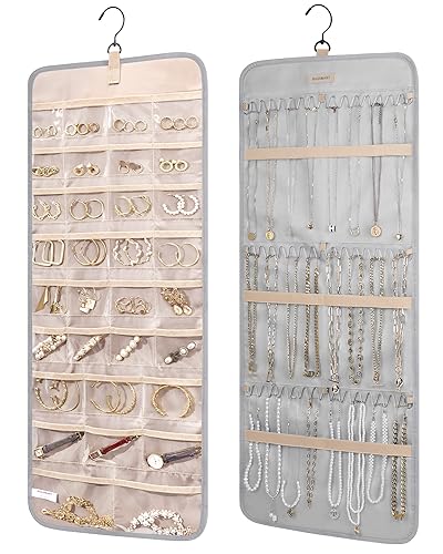 BAGSMART Hanging Jewelry Organizer Storage Roll with Hanger Metal Hooks Double-Sided Jewelry Holder for Earrings, Necklaces, Rings on Closet, Wall, Door, 1 piece, Large, Grey - color: Grey, size: Large