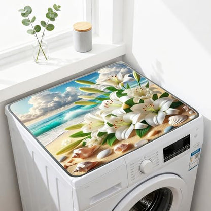 Nuxovilar Beach Lilies & Seashells Dryer Cover for the Top, Non-slip Washer & Dryer Protector, 23.62"x19.68" Dust-proof Washing Machine Mat, Diatom Mud Polyester Top Pad for Laundry Room - color: YHC00301