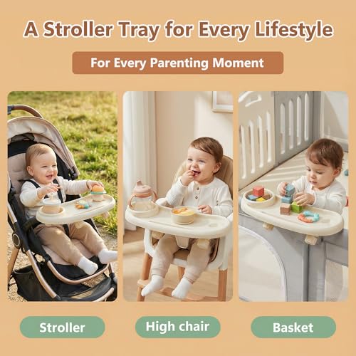 Li&Zhao Universal Stroller Snack Tray 3-in-1 Detachable Stroller Snack Tray Attachment with Secure Phone Holder, Spill-Proof Cup Holders Compartments, Easy-Clean Universal Snack Tray for Stroller - color: D-Beige