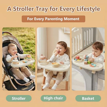 Li&Zhao Universal Stroller Snack Tray 3-in-1 Detachable Stroller Snack Tray Attachment with Secure Phone Holder, Spill-Proof Cup Holders Compartments, Easy-Clean Universal Snack Tray for Stroller - color: D-Beige