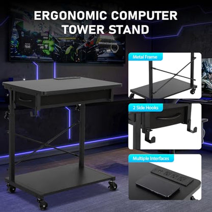 PC Tower Stand, Computer Tower Stand Under Desk，PC Stand for Floor with Drawer & 2 Lockable Castors，2 Tier Computer Cart for ATX Case，Office，Game Rooms，Study Room