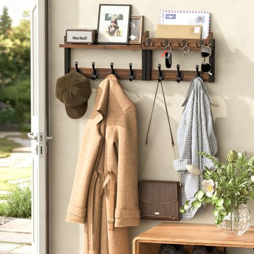 29'' Rustic Coat Rack Wall Mount with Shelf, Solid Wood Coat and Key Hanger with 11 Metal Hooks, Farmhouse Wall Organizer for Mail, Entryway Wall Hangers for Hats, Clothes, Backpacks, Mudroom - color: Rustic Brown, size: 29Inch