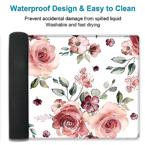 Extended Desk Mat (31.5x11.8 inch 3mm Thick), iDonzon Soft Cute Extra Large XXL Waterproof Gaming Mouse Pad with Non-Slip Rubber Base & Stitched Edges, for Working/Game, Peony Flowers - color: Pink
